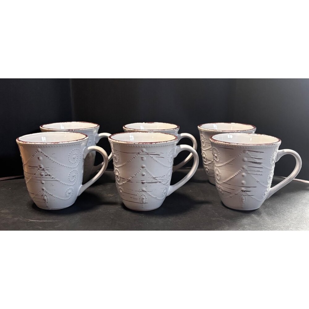 Elama Rustic Birch Stoneware White Mug Set Of 6 Dishwasher & Microwave Safe